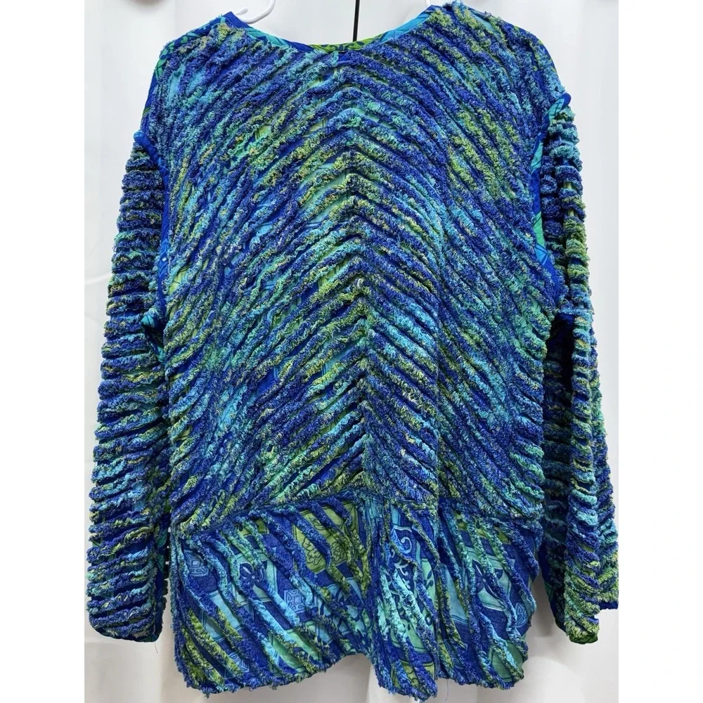 FIBER ARTIST Sz‎ L ? Shirred Floral Textile Art 2 Wear Jacket Blue Green